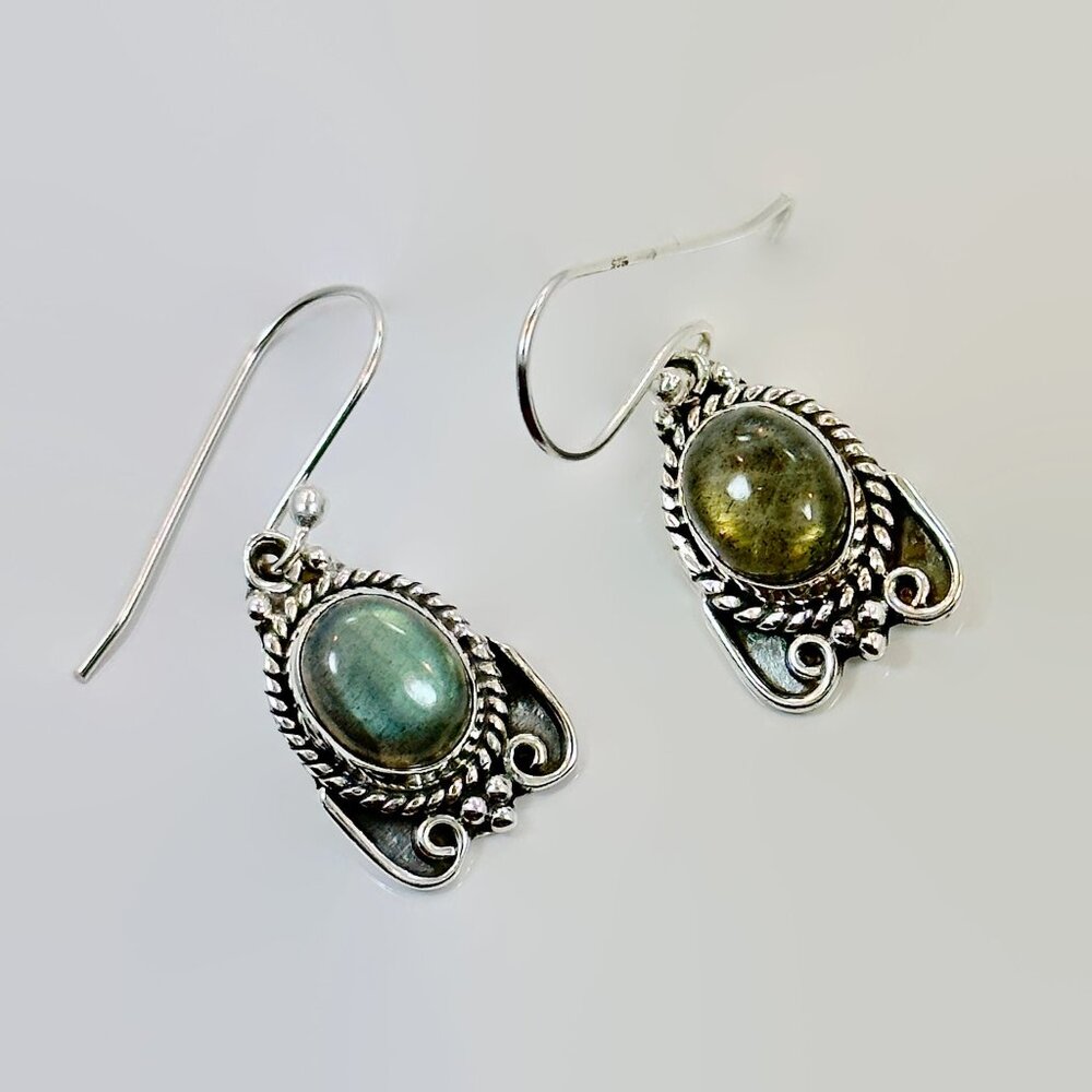 Labradorite Earrings, Sterling Silver, Pierced, Dangle Earrings, Ear Wires, Boho - Picture 2 of 5